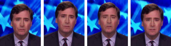 Four video still images that mirror the original Tucker Carlson video. The face on the speaker appears to be that of actor Nicolas Cage.