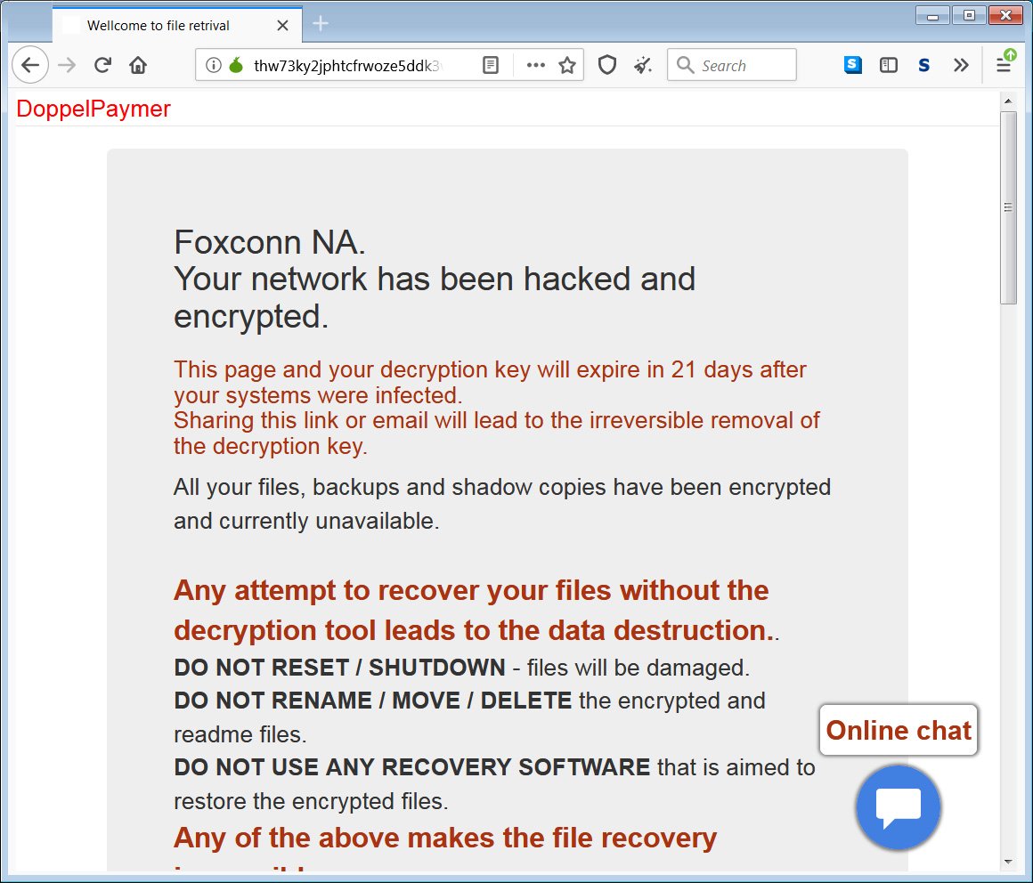 Foxconn victim page on DoppelPaymer's website