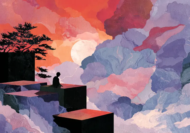 Illustration générée avec Midjourney : une silhouette assise sur des blocs sombres, face à un ciel de nuages colorés et à un soleil pâle