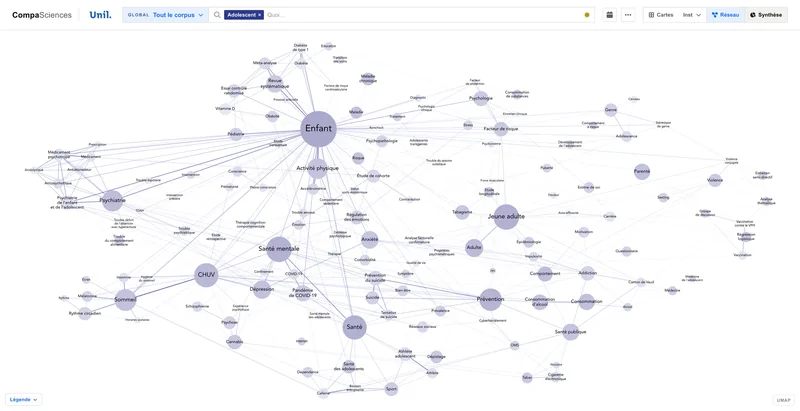 Interface de CompaSciences : réseau des termes associés à la recherche « Adolescent » (Enfant, Santé mentale, Jeune adulte…)
