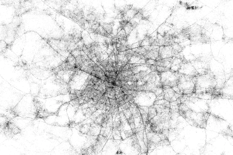 Densité des traces numériques géolocalisées dans l’agglomération parisienne, en points noirs sur fond blanc