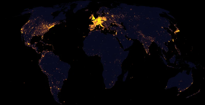 Carte du monde des consultations de Wikipédia : points lumineux, très denses en Europe, sur fond sombre