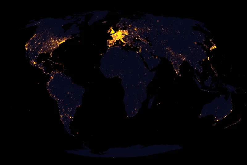 Carte du monde des consultations de Wikipédia : points lumineux, très denses en Europe, sur fond sombre