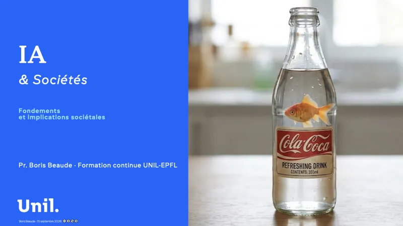 Diapositive de titre « IA & Sociétés » à côté d’une bouteille « Cola-Coca » où nage un poisson rouge