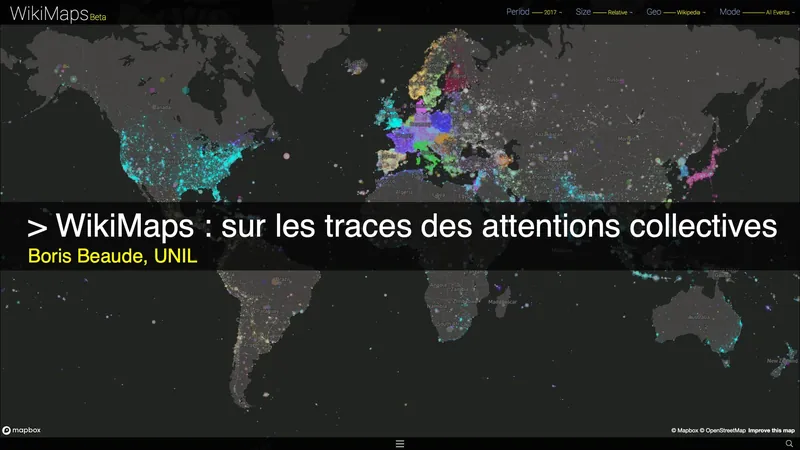 Diapositive de titre « WikiMaps : sur les traces des attentions collectives » sur fond de carte du monde
