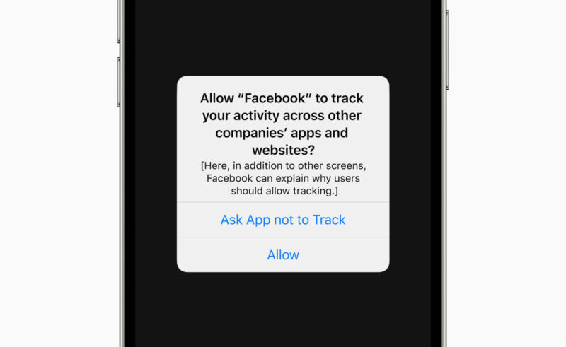 The Facebook iPhone app asks for permission to track the user in this early mock-up of the prompt made by Apple.